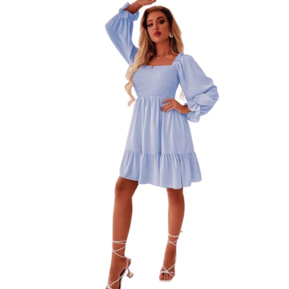 Periwinkle Off Shoulder Ruffle Hem Dress Square Neck Smocked - Picture 8 of 11